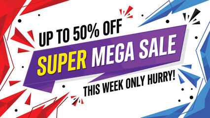 Super mega sale promotional banner design, up to fifty percent off discount, weekly limited offer, bold ecommerce marketing illustration