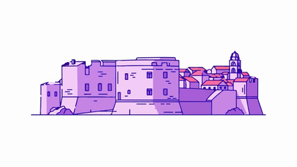 Stylized purple fortress walls and town with a domed tower against a white background © Nani