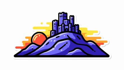 Stylized purple castle atop a purple hill with a setting sun and vibrant clouds © Nani