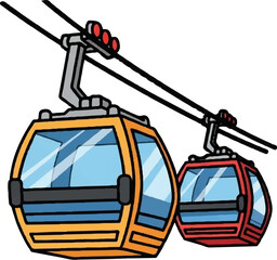 Two colorful cartoon gondola lift cabins, orange and red, travel along overhead cables, isolated on white © Reno