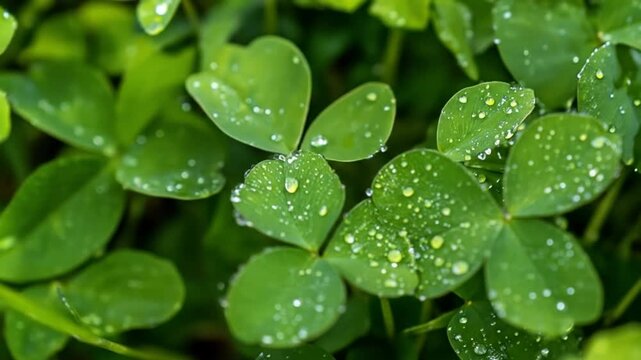 Close up of vibrant green clover leaves with water droplets macro shot