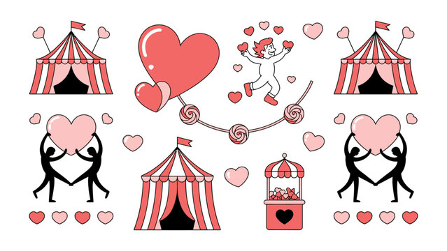 Love-themed illustrations: A cheerful composition of love-themed elements, heart balloons, a circus tent, and joyful figures to create a whimsical atmosphere