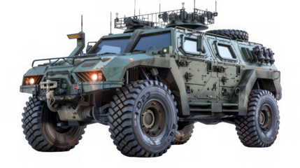 Detailed rendering of a futuristic military armored vehicle with added equipment presented on transparent background