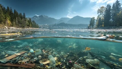 A striking underwater view of a lake filled with plastic waste, juxtaposed against stunning mountain scenery. This image starkly highlights the urgent issue of water pollution.