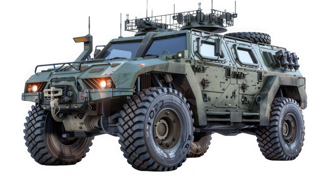 Detailed rendering of a futuristic military armored vehicle with added equipment presented on transparent background