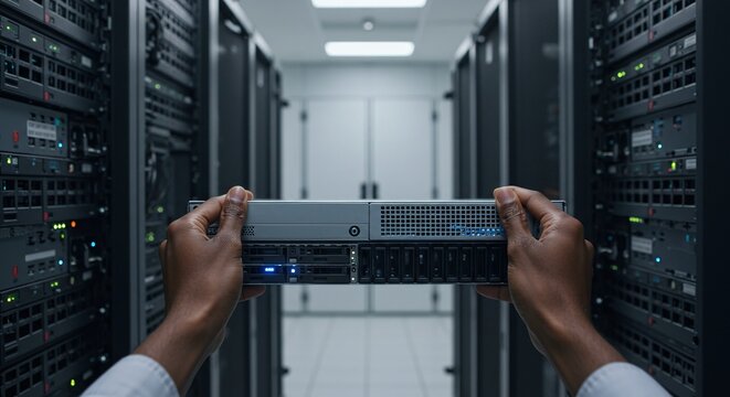 An IT technician is installing a new server blade into a rack at a data center. Concept of data center hardware maintenance.