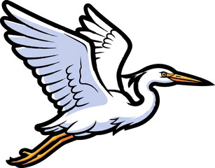 Fototapeta premium Stylized illustration of a white bird with a long orange beak and legs in flight, isolated on white