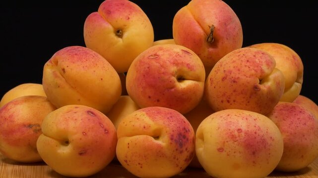 Close-up footage of apricot fruit on black background.