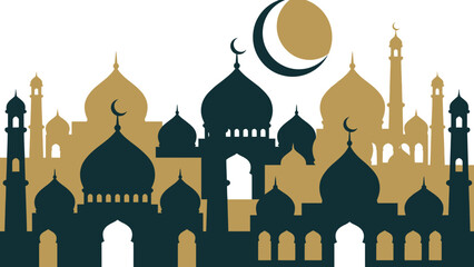 Islamic architectural silhouettes with crescent moon and domes, a serene Ramadan and Eid greeting, elegant mosque and minaret digital art