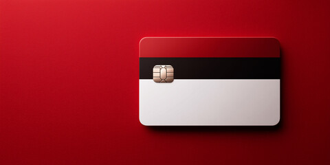 Generic credit card mockup with a striped red, black, and white design on a textured red background, offering copy space