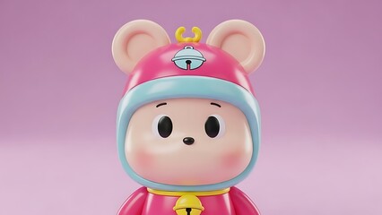 Fototapeta premium Adorable Kawaii 3D Character Wearing Pink Hood with Bell Accessory