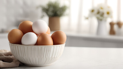 Fresh Brown and White Farm Eggs in a Ceramic Bowl on Bright Kitchen Counter, Natural Food Still Life with Soft Morning Light.