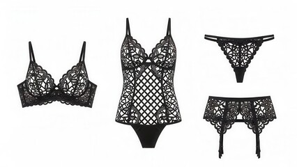 Black lingerie set floral lace design intimate apparel isolated white