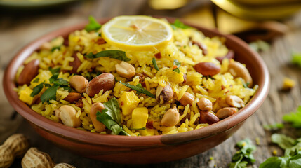 Indian Poha Breakfast with Peanuts and Lemon.