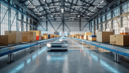 Modern warehouse Page Page with conveyor belts and cardboard boxes.