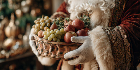 Santa claus hands in white gloves holding a full wicker basket with grapes, apples, and pears, representing generosity