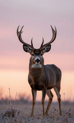 Fototapeta premium majestic mule deer buck stands tall amidst grasses warm pink sunrise sky expansive antlers silhouetted