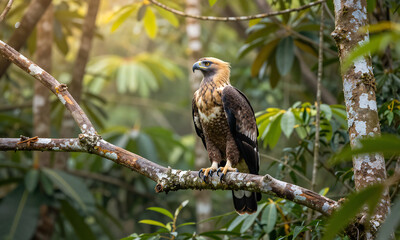 Naklejka premium majestic eagle perches atop gnarled branch lush tropical rainforest surrounded vibrant green foliage warm golden