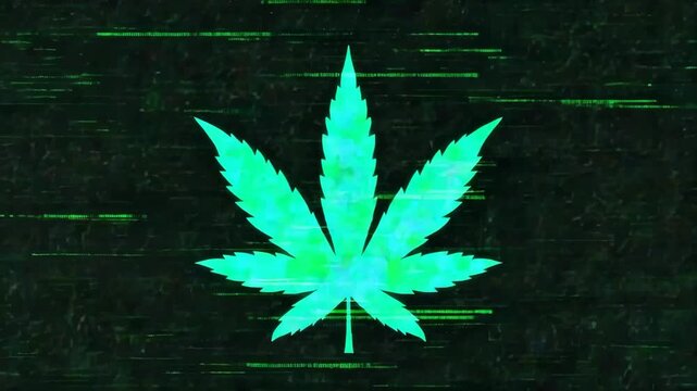 Glowing cyan cannabis leaf on dark background with green code lines