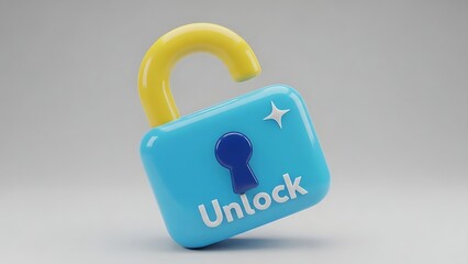 Blue 3D open padlock icon with Unlock text and sparkle, digital security and authorized access permission symbol for interface design.