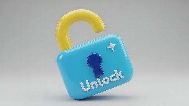 Blue 3D open padlock icon with Unlock text and sparkle, digital security and authorized access permission symbol for interface design. - Powered by Adobe