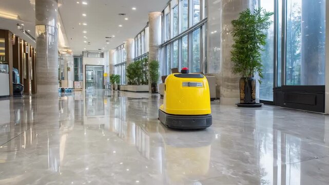 Hightech robot sweeps and polishes a bright lobby floor emphasizing innovative maintenance in facility management.