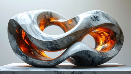 Sculptural infinity loop with marbled exterior and glowing molten core, surreal symbol of transformation.