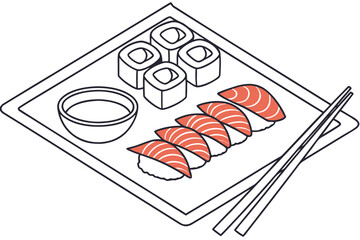 Overhead view of a meticulously arranged sushi plate with salmon nigiri and maki rolls