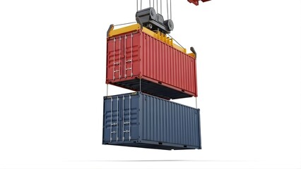 Industrial Crane Lifting Red and Blue Shipping Containers, Logistics and Port Operation Concept Isolated on White Background