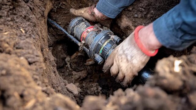 Medium shot of technician inserting a rotating auger tool into a blocked septic pipe focusing on the steady hands managing debris buildup removal.