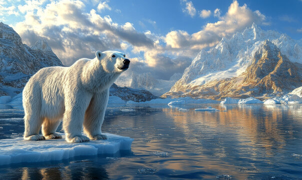 polar bear standing on an ice floe near icy mountains,