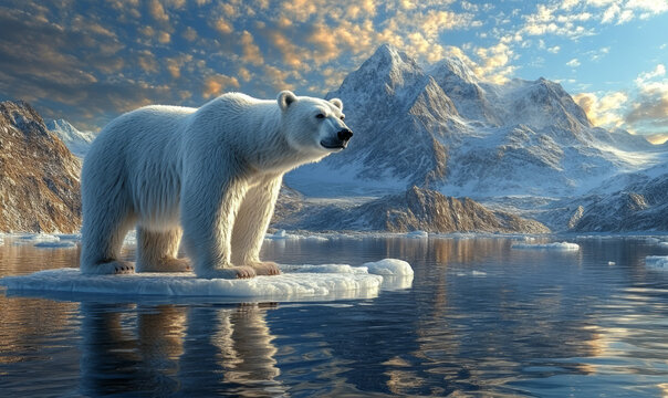 polar bear standing on an ice floe near icy mountains,