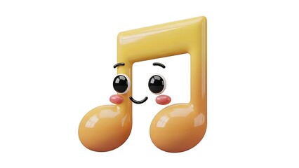 Cute 3D musical note character with a happy face, yellow glossy eighth note icon for music and entertainment concepts