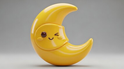 Winking yellow crescent moon 3D character, cute smiling night sky symbol for bedtime and nursery themes