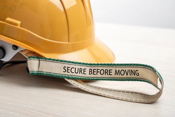 Yellow construction helmet with 'Secure Before Moving' strap detail