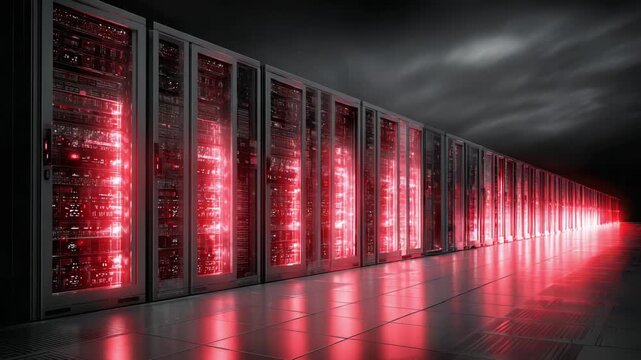 A Dramatic Perspective of a High-Tech Data Center Featuring Rows of Brightly Lit Servers Reflecting in a Futuristic Atmosphere, Perfect for Exploring Technology and Innovation