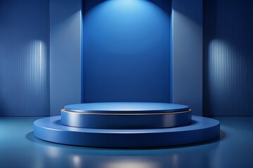 Modern blue circular stage with spotlight in minimalist room setting