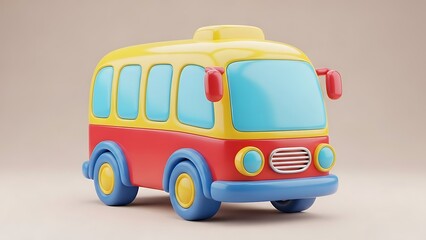 Colorful 3D stylized toy bus, glossy red and yellow school transport icon for travel and education themes