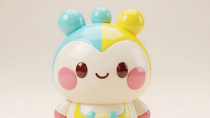 Adorable 3D Kawaii Animal Character Head with Glossy Finish and Vibrant Pastel Blue and Yellow Colors, Minimalist Toy-Style Illustration