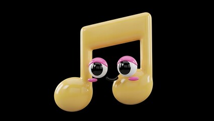 Cute 3D Yellow Music Note Character with Kawaii Face, Playful Musical Symbol Illustration for Audio and Sound Design Projects