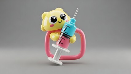 Cute 3D Character Holding a Medical Syringe Illustration, Kawaii Healthcare and Vaccination Concept for Kids and Hospital Awareness