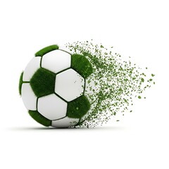 Creative sports illustration featuring a grass-covered soccer ball disintegrating into vibrant green leaves suggesting environmental sustainability movements.