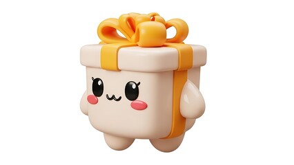 Cute 3D Gift Box Character with Yellow Ribbon and Bow, Birthday Surprise and Celebration Concept