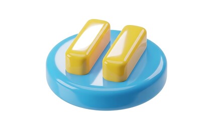 3D Media Pause Icon with Yellow Bars on Blue Base, Playback Control and User Interface Design