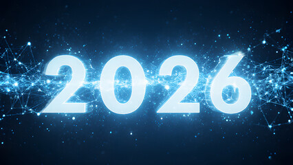 Futuristic 2026 Digital Neon Blue Technology Background with Abstract Data Visualization