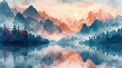 Landscape of jungle, mountains with trees, fog and clouds in pastel design for wallpaper, wall art, print, mural