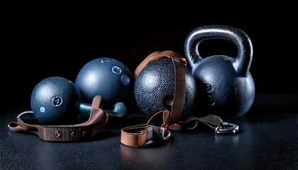 Kettlebells and medicine balls for strength training and fitness exercises.