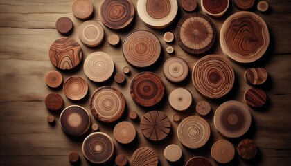 Abstract pattern of wooden circles forming a natural textured background. Ideal for creative design, branding, posters, and modern visual layouts.