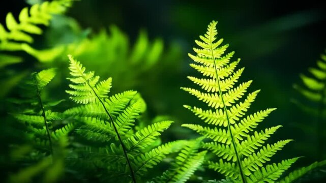 Close up of vibrant green fern leaves illuminated by sunlight