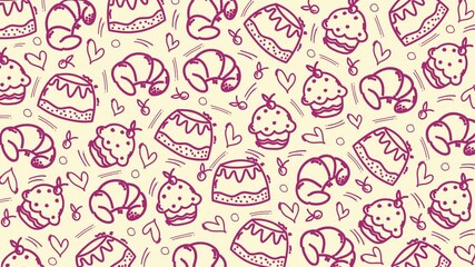 Cake pattern dessert food sweet bakery seamless pattern background doodle hand drawn cute suitable for menus, packaging, websites, or event invitations with a charming culinary theme.